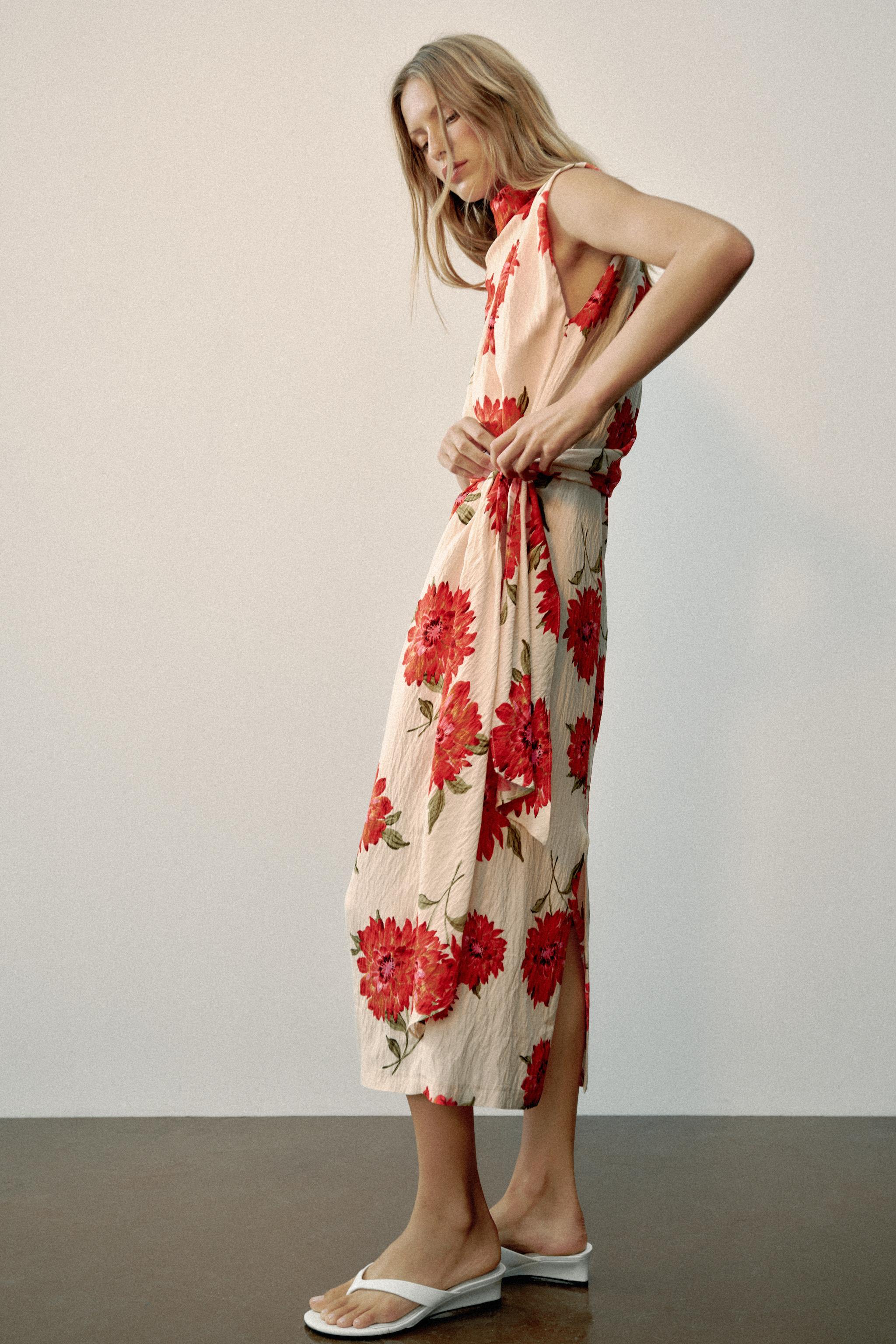 FLORAL PRINT BELTED MIDI DRESS
